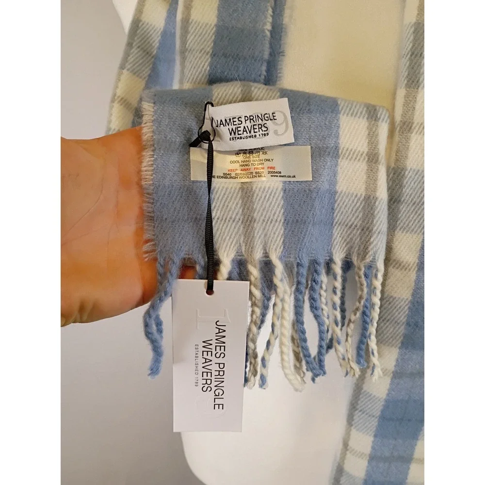 Cottagecore James Pringle Weavers Unisex OS Blue Plaid Fringe Scarf 2005408
